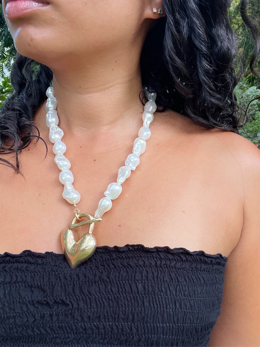 OT Toggle Clasp Puff Heart X Freshwater Pearl Necklace